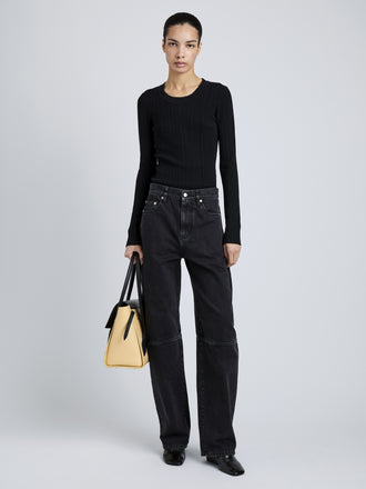 Proenza Schouler Full Length Front Image of model wearing Fedda Top in Micro Pleat Knit in Black