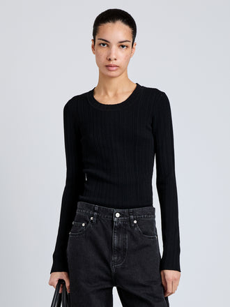 Proenza Schouler Cropped Front Image of model wearing Fedda Top in Micro Pleat Knit in Black