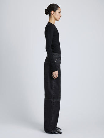 Proenza Schouler Full Length Side Image of model wearing Fedda Top in Micro Pleat Knit in Black