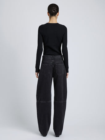 Proenza Schouler Full Length Back Image of model wearing Fedda Top in Micro Pleat Knit in Black