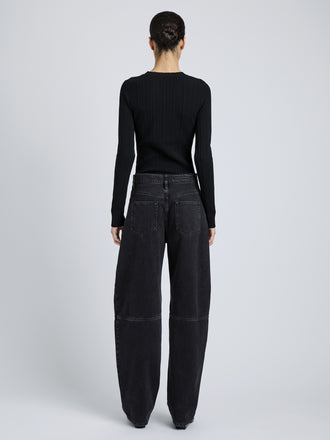 Proenza Schouler Full Length Back Image of model wearing Fedda Top in Micro Pleat Knit in Black