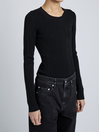 Proenza Schouler Detail Image of model wearing Fedda Top in Micro Pleat Knit in Black