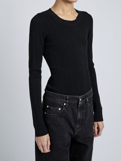 Proenza Schouler Detail Image of model wearing Fedda Top in Micro Pleat Knit in Black