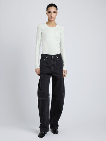 Proenza Schouler Full Length Front Image of Model wearing Fedda Top in Micro Pleat Knit in Mint