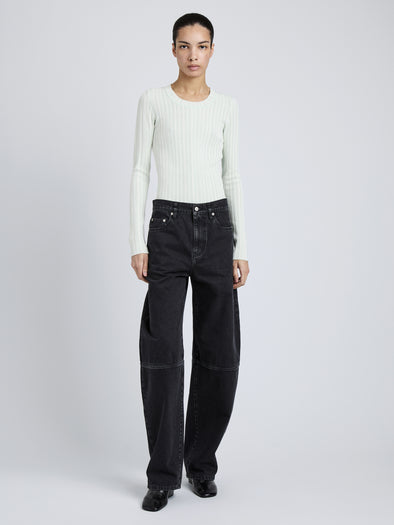 Proenza Schouler Full Length Front Image of Model wearing Fedda Top in Micro Pleat Knit in Mint