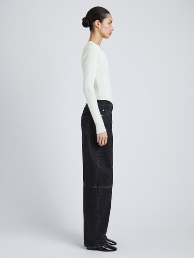Proenza Schouler Full Length Side Image of Model wearing Fedda Top in Micro Pleat Knit in Mint
