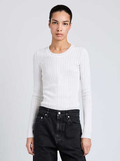 Proenza Schouler Cropped Front Image of Model Wearing Fedda Top in Micro Pleat Knit in White