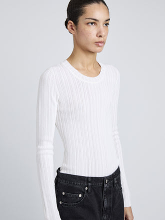 Proenza Schouler Cropped Detail Image of Model Wearing Fedda Top in Micro Pleat Knit in White