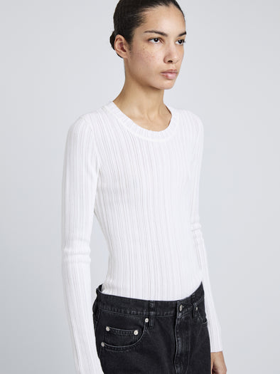 Proenza Schouler Cropped Detail Image of Model Wearing Fedda Top in Micro Pleat Knit in White