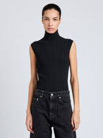 Proenza Schouler Cropped image of Model wearing Federica Top in Micro Pleat Knit in Black