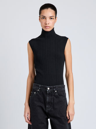 Proenza Schouler Cropped image of Model wearing Federica Top in Micro Pleat Knit in Black
