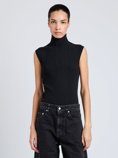 Proenza Schouler Cropped image of Model wearing Federica Top in Micro Pleat Knit in Black