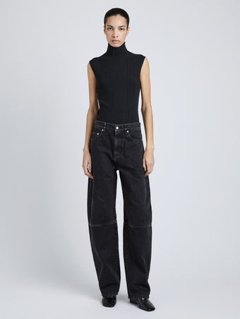 Proenza Schouler Full Length image of Model wearing Federica Top in Micro Pleat Knit in Black