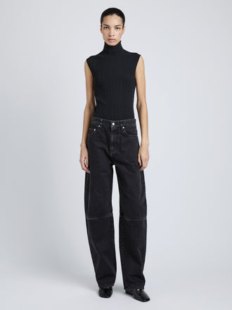 Proenza Schouler Full Length image of Model wearing Federica Top in Micro Pleat Knit in Black