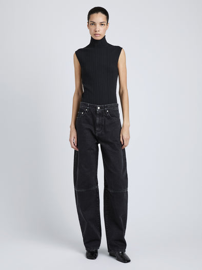 Proenza Schouler Full Length image of Model wearing Federica Top in Micro Pleat Knit in Black
