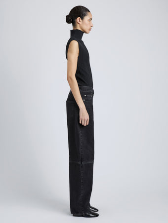 Proenza Schouler Full Length side image of Model wearing Federica Top in Micro Pleat Knit in Black