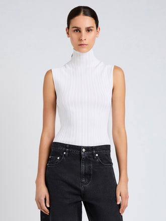 Proenza Schouler Cropped Image of Model wearing Federica Top in Micro Pleat Knit in White
