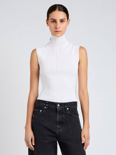 Proenza Schouler Cropped Image of Model wearing Federica Top in Micro Pleat Knit in White