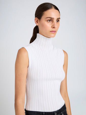 Proenza Schouler Detail image of Model wearing Federica Top in Micro Pleat Knit in White