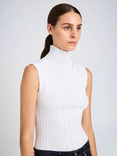 Proenza Schouler Detail image of Model wearing Federica Top in Micro Pleat Knit in White