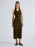 Proenza Schouler Full length image of model wearing Frann Dress in Cotton Stripe in Black Multi