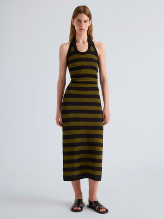 Proenza Schouler Full length image of model wearing Frann Dress in Cotton Stripe in Black Multi