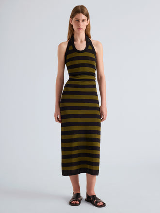 Proenza Schouler Full length image of model wearing Frann Dress in Cotton Stripe in Black Multi