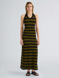 Proenza Schouler Full length image of model wearing Frann Dress in Cotton Stripe in Black Multi