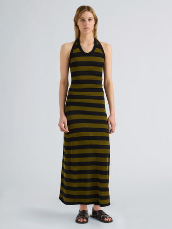 Proenza Schouler Full length image of model wearing Frann Dress in Cotton Stripe in Black Multi