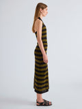 Proenza Schouler Full length Side image of model wearing Frann Dress in Cotton Stripe in Black Multi