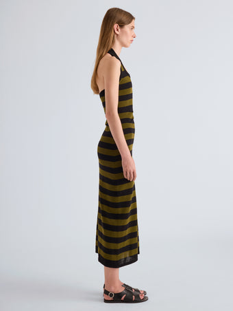 Proenza Schouler Full length Side image of model wearing Frann Dress in Cotton Stripe in Black Multi