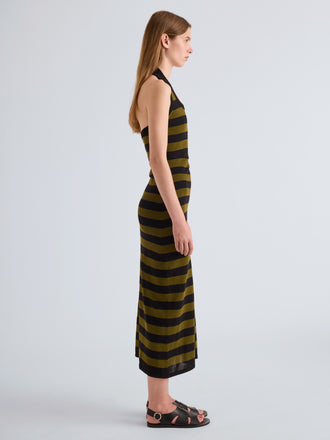 Proenza Schouler Full length Side image of model wearing Frann Dress in Cotton Stripe in Black Multi