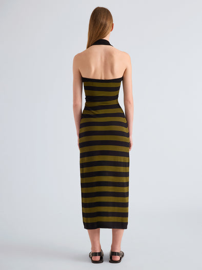 Proenza Schouler Full length Back image of model wearing Frann Dress in Cotton Stripe in Black Multi