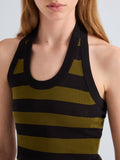 Proenza Schouler Full length Detail image of model wearing Frann Dress in Cotton Stripe in Black Multi