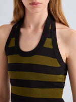 Proenza Schouler Full length Detail image of model wearing Frann Dress in Cotton Stripe in Black Multi