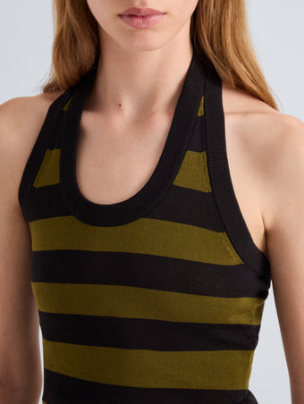 Proenza Schouler Full length Detail image of model wearing Frann Dress in Cotton Stripe in Black Multi