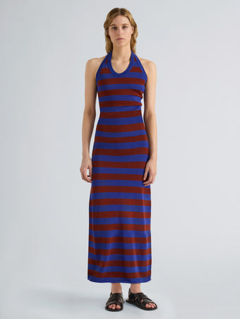 Proenza Schouler Full Length image of model wearing Frann Dress in Cotton Stripe in Sapphire Multi