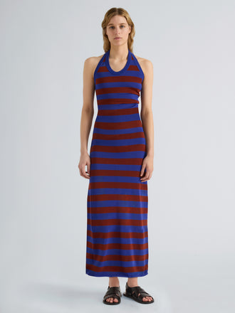 Proenza Schouler Full Length image of model wearing Frann Dress in Cotton Stripe in Sapphire Multi