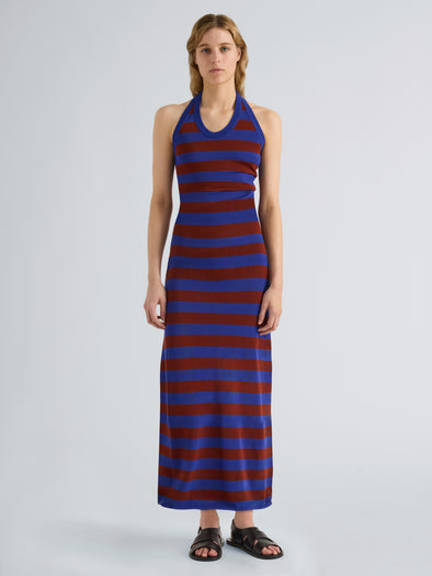 Proenza Schouler Full Length image of model wearing Frann Dress in Cotton Stripe in Sapphire Multi