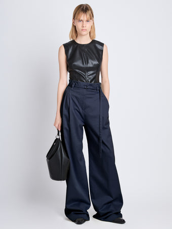 Front image of model wearing Raver Pant In Soft Cotton Twill in navy
