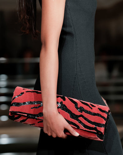Proenza Schouler Runway Detail Image of Hex Clutch in Tufted Sequin in Black/Paprika
