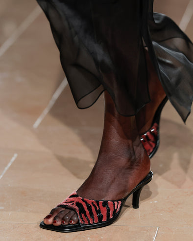 Proenza Schouler Runway Detail Image of Harlow 60 Mule in Tufted Sequin in Paprika Black