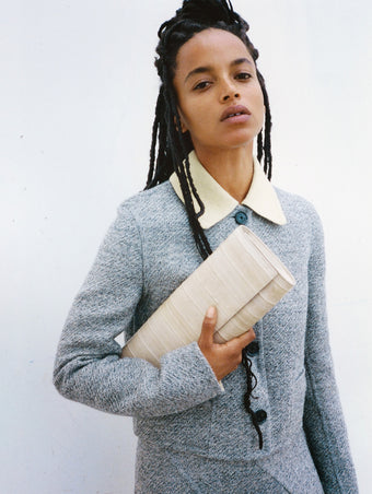 Proenza Schouler Campaign image of model wearing Gaelle Jacket in Double Face Melange Outerwear 