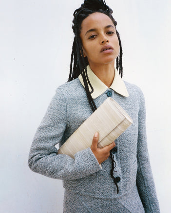 Proenza Schouler Campaign image of model wearing Gaelle Jacket in Double Face Melange Outerwear 