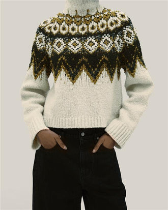 Proenza Schouler Front cropped image of model wearing Lizzy Sweater in Textured Fairisle in Cream Multi