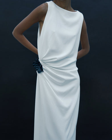 Proenza Schouler Detail image of model wearing Indria Dress in Matte Double Crepe in White