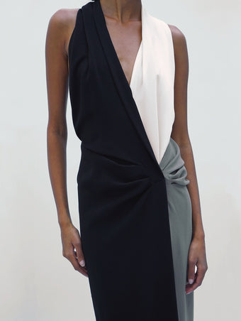 Proenza Schouler Detail image of model wearing Elsa Dress in Matte Double Crepe in Black Multi