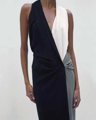 Proenza Schouler Detail image of model wearing Elsa Dress in Matte Double Crepe in Black Multi