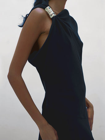 Proenza Schouler crop image of model wearing Rue Dress In Light Matte Double Crepe in Black