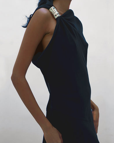 Proenza Schouler crop image of model wearing Rue Dress In Light Matte Double Crepe in Black